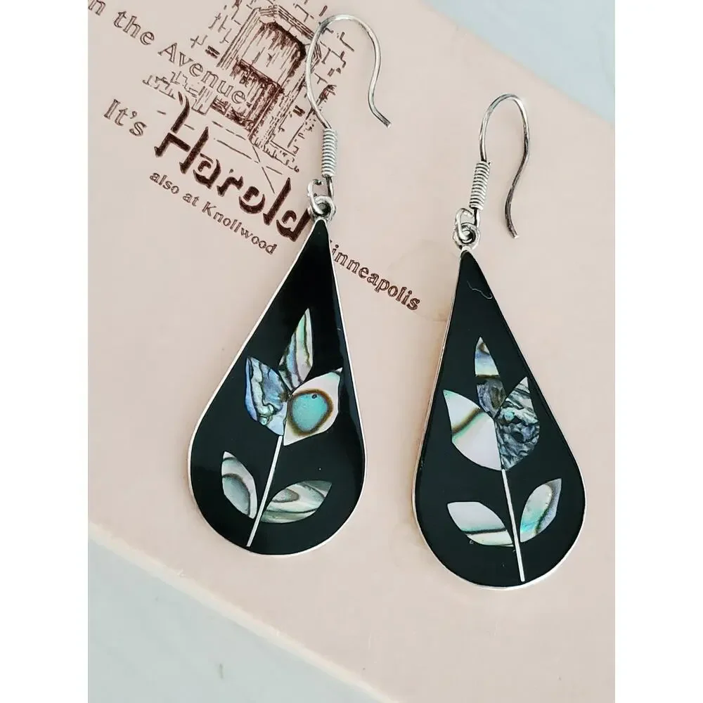 Vintage Sterling Silver Black Enamel & Abalone Shell Dangle Drop Earrings
